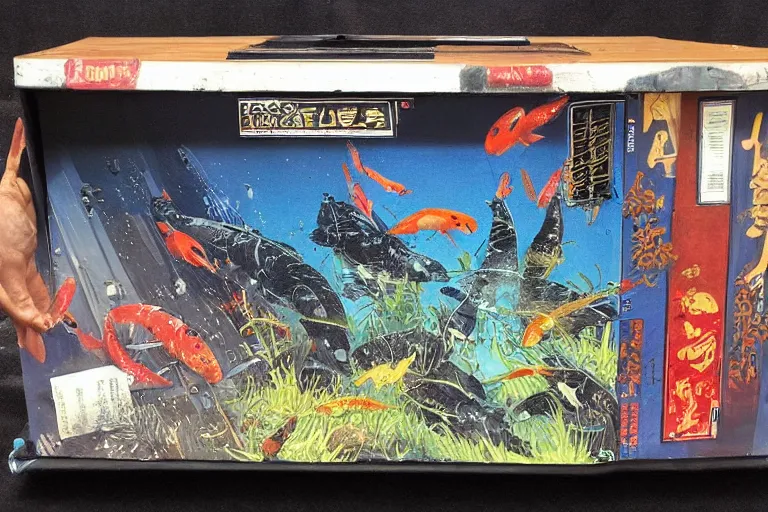 Image similar to an open black shipping box, the box is full of water and koi. art in the style of vincent di fate's cyberpunk 2 0 2 0.