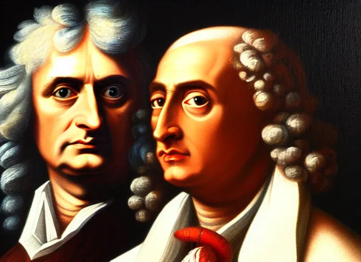 Prompt: a classical portrait of sir isaac newton and tupac shakur oil on canvas