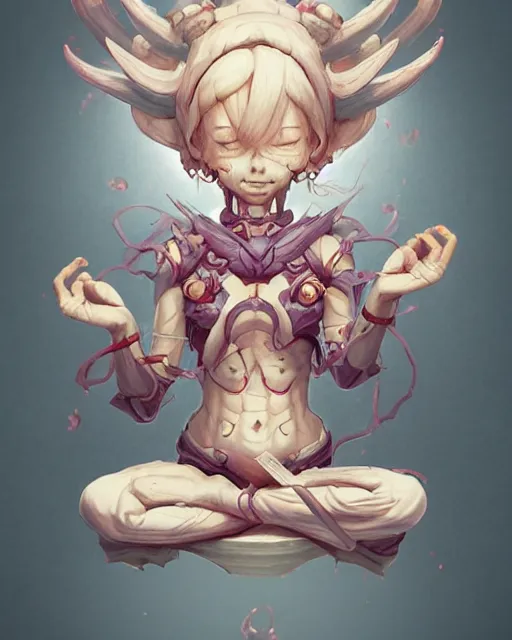 Image similar to a tiny cute demon floating while meditating and wrapped in sacred scrolls, smooth, intricate, elegant, digital painting, artstation, power runes, pulsing energy, concept art, sharp focus, octane render, illustration, art by shintaro kago and josan gonzalez, overwatch character,