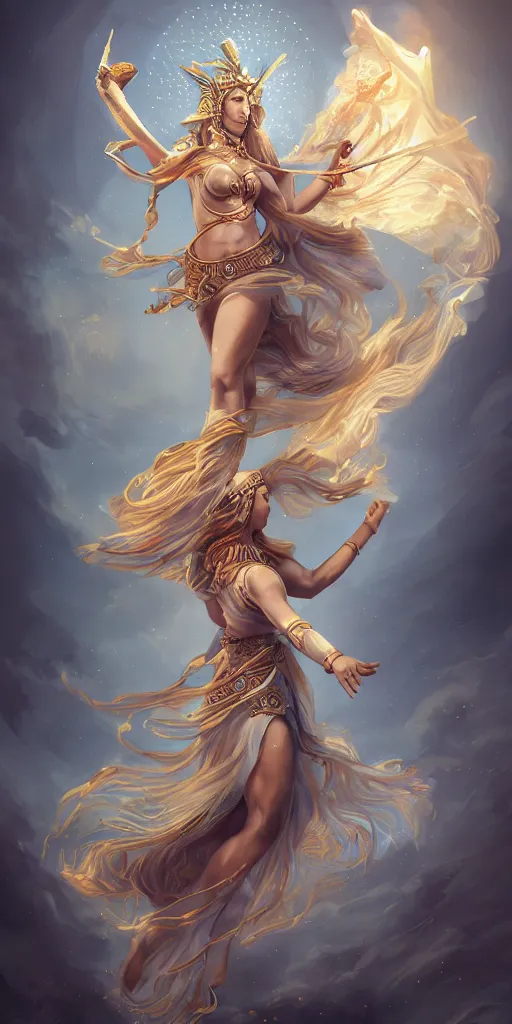 Image similar to goddess athena dancing in the wind, zodiac knight, beautiful, ethereal, gorgeous, volumetric lighting, elegant, fluid, highly detailed, digital painting, concept art, highly detailed, smooth, illustration, limited color palette, atmosphere and tension, trending on artstation