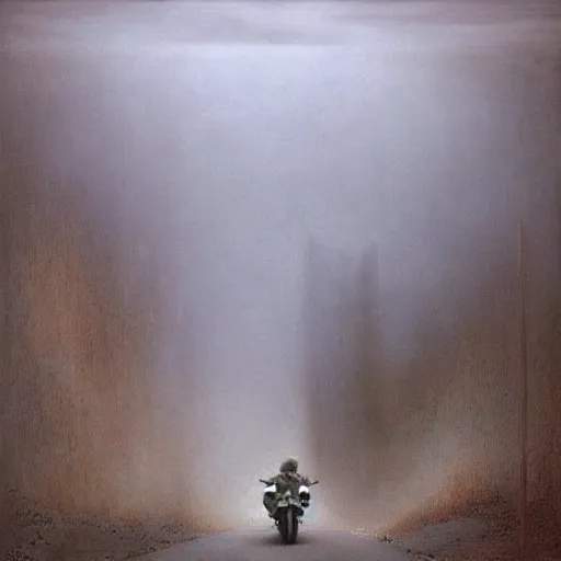 Image similar to lone apocalyptic traveler on a motorcycle riding through new york, highly detailed beksinski painting