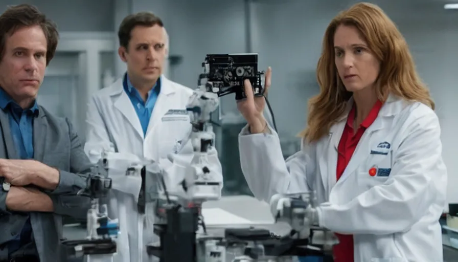 Image similar to big budget action movie about female scientist confronts male ceo about robot photographs