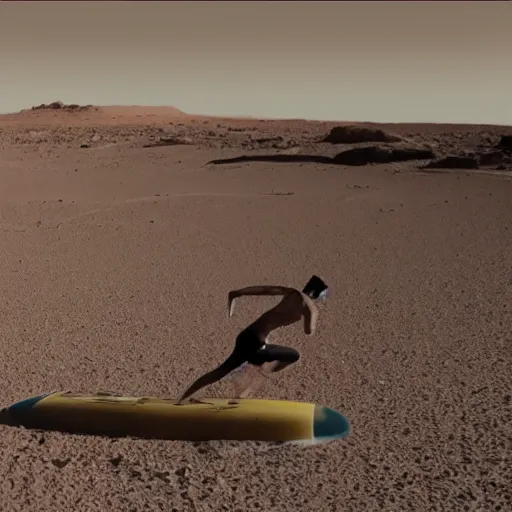 Prompt: the first giant canary on Mars bodysurfing in the first wave pool on Mars photo