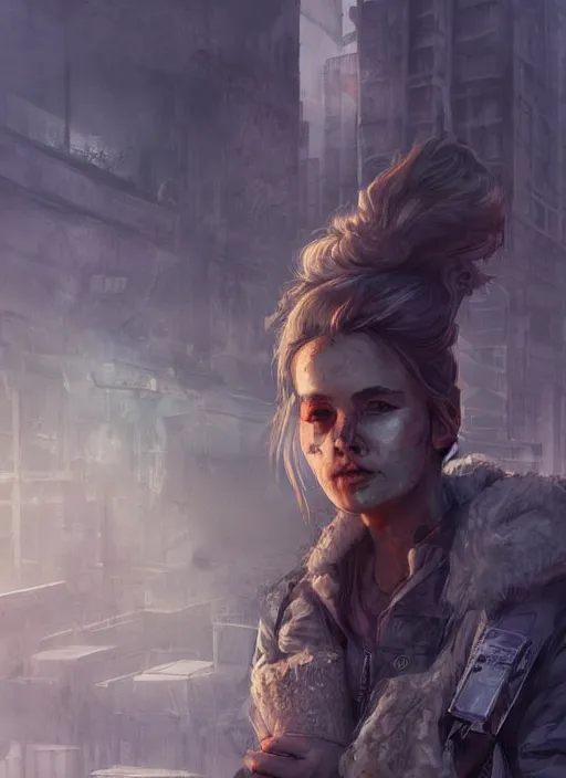 Prompt: portrait of a survivalist woman in a post apocalyptic city at dawn, beautiful intricate digital concept art trending on artstation, soft light