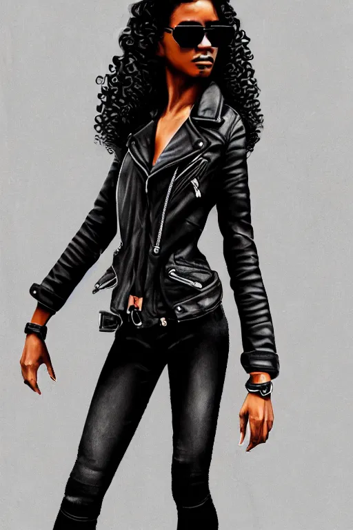 Prompt: Picture of a beautiful female biker, tough, dark skin, jet black tuffe coat, aviator shades, dark blue jeans, long curly hair, serious look, armfold pose!, smooth, sharp focus, highly detailed, digital illustration, artstation