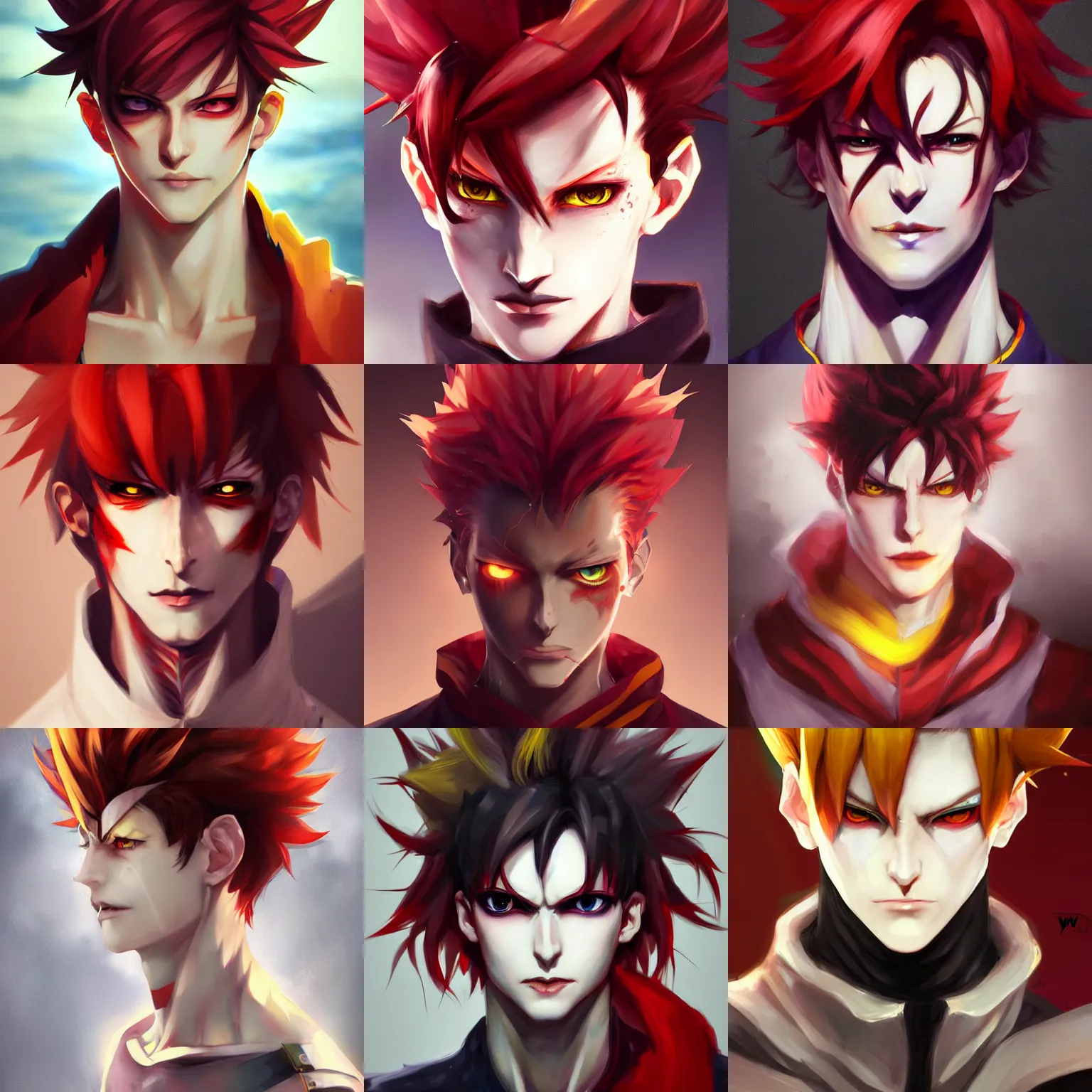 Prompt: portrait of hisoka anime male 2 0 years old male evil sharp features very very narrow yellow eyes red red soft tousled crimson hair thin lips arch eyebrows anime pixiv smooth skin overwatch moira art by wlop ruan jia