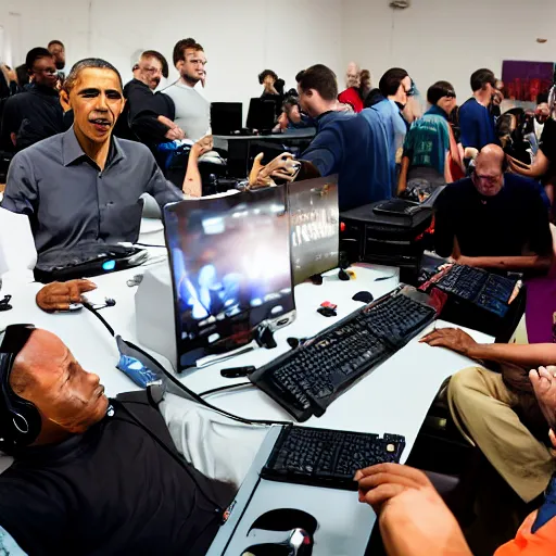 Image similar to Obama at a LAN party, 8k, by Annie Leibovitz