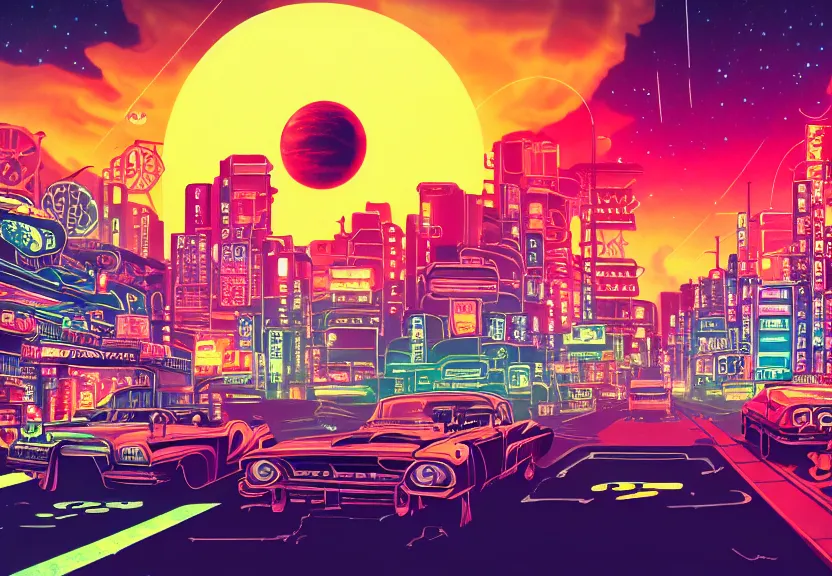 Image similar to old cars go along road away in neo - tokyo, sinthwave, steampunk, neon, magic colorful sky, magic lights, magic stars, magic sunset, big bright planet saturn in sky, realism, ultra detailed, 1 9 6 0 years, 8 k