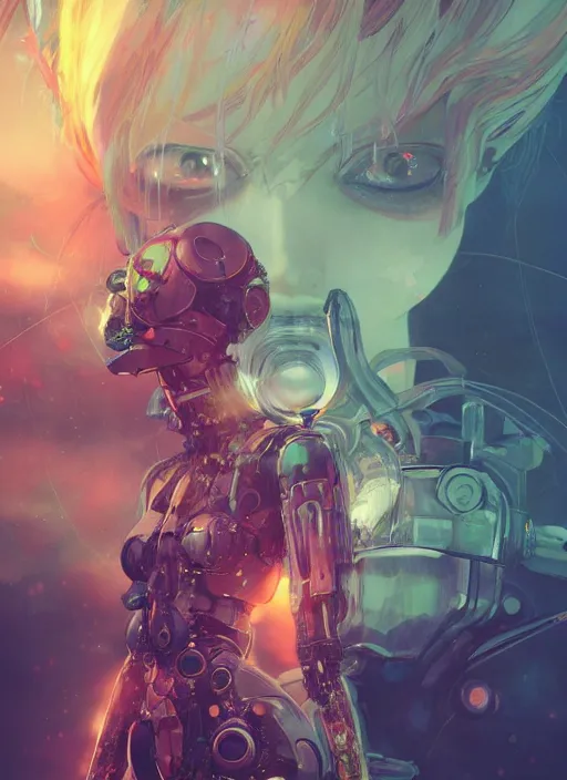 Image similar to surreal illustration, by yoshitaka amano, by ruan jia, by conrad roset, by Kilian Eng, by good smile company, detailed anime 3d render of a female mechanical android, portrait, cgsociety, artstation, modular patterned mechanical costume and headpiece, retrowave atmosphere