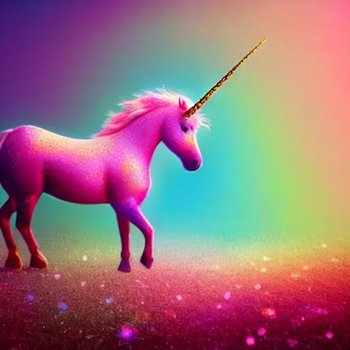 Image similar to an ultra high definition pastel coloured wildlife photograph of a magic unicorn with a glittery magic horn eating an ice cream in a magical field. refraction, volumetric lighting iridescence.