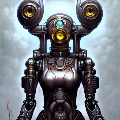 Image similar to front shot of a cyberpunk gazmask robot character, intricate, elegant, highly detailed, centered, digital painting, artstation, concept art, smooth, sharp focus, illustration, artgerm, Tomasz Alen Kopera, Peter Mohrbacher, donato giancola, Joseph Christian Leyendecker, WLOP, Boris Vallejo