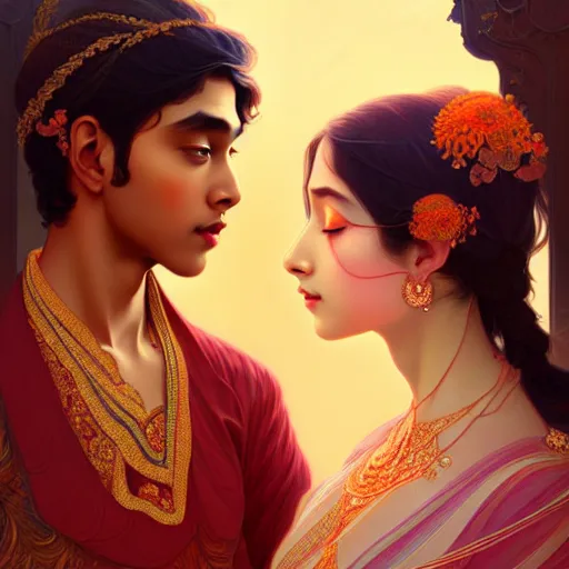 Image similar to portrait of beautiful young bengali romantic couple fantasy, intricate and very very beautiful and elegant, highly detailed, digital painting, artstation, concept art, smooth and sharp focus, illustration, art by tan zi and ayanamikodon and alphonse mucha and wlop