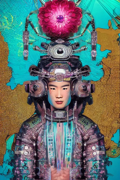 Prompt: opalescent retrofuturistic digital airbrush illustration of a samurai wearing an ornate microprocessor headpiece and holding a flower with a map of the collective subconscious in the background by luigi patrignani