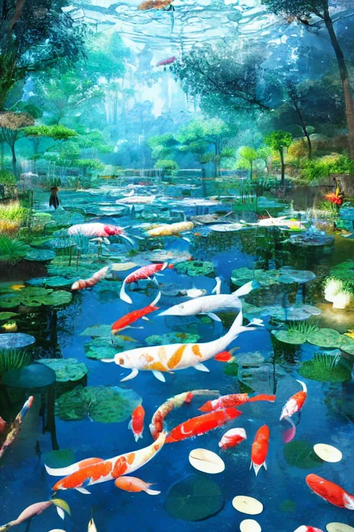 Image similar to nenufar in a pond surrounded by koi carp, colorful, blue backgroung,clean, joyful, intricate, elegant, volumetric lighting, scenery, digital painting, highly detailed, artstation, sharp focus, illustration, concept art, ruan jia, steve mccurry