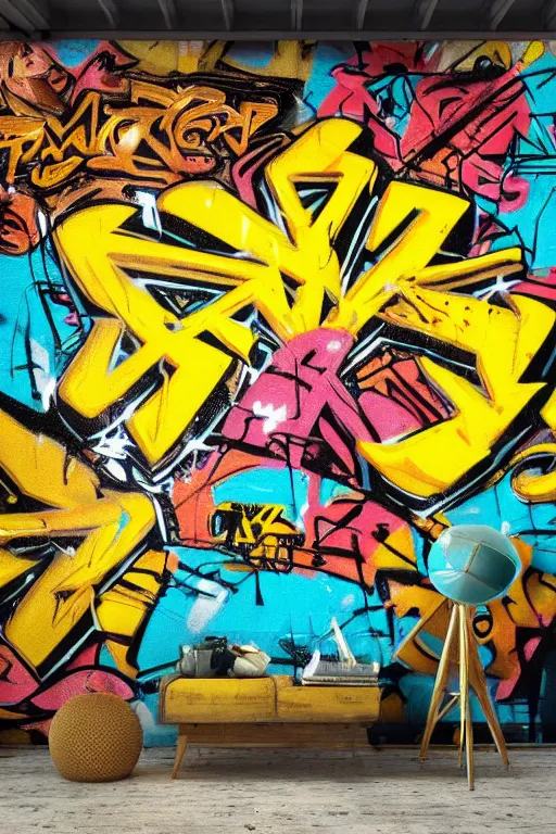 Image similar to extreme graffiti tag mural maximalism, yellow, brown, black and cyan, octane render