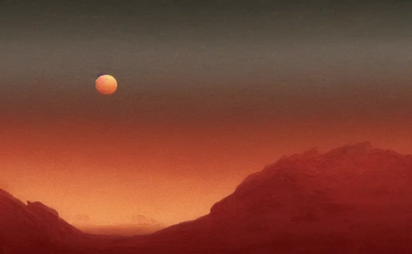 Prompt: red atmosphere surface of Titan, close up shot, rocky, at dusk, distant mountains, 4k, rule of thirds, extreme detail, hazy, intricate ink illustration, surreal, surrealist, trending on artstation, cgsociety, hd, calm, complimentary colours, realistic lighting, by Albert Bierstadt, Frederic Edwin Church.