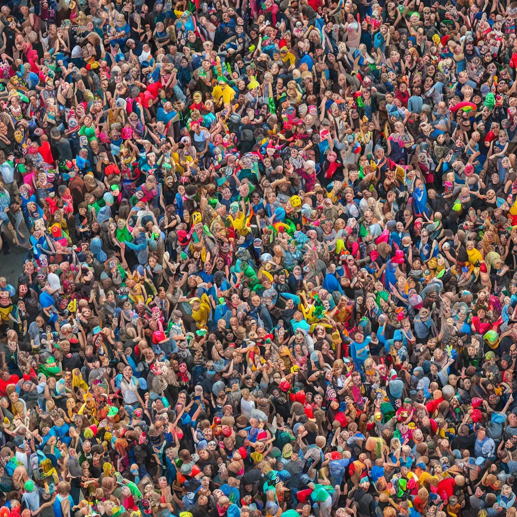 Image similar to moshpit from above with a lot of clowns, very detailed