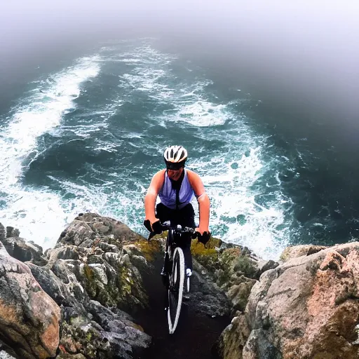 Image similar to POV bicycle: on a rocky path, Rider's first person holding the handlbars, point of view, GoPro, high 8k quality! entering the scary murky ocean, Fog. Ultrarealistic