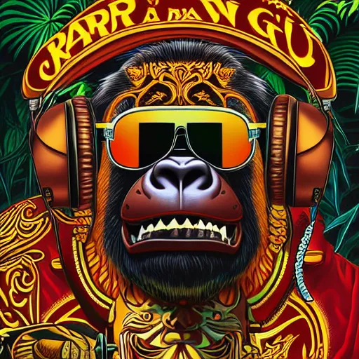 Prompt: barong family member with ray - ban sunglasses and headphones, wiwek, mara demon, jungle, dark, gorilla, inner glow, art by dan mumford and justin gerard