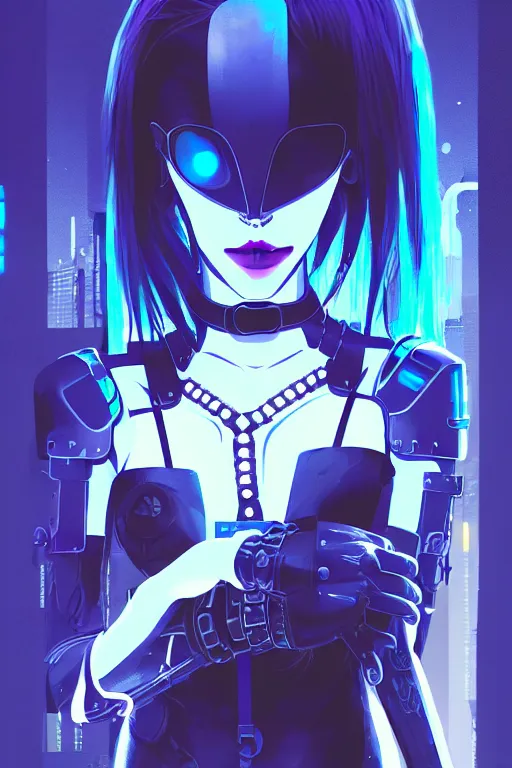 Image similar to digital illustration portrait of cyberpunk pretty girl metal skull armor with blue hair, wearing dominatrix outfit, in city street at night, by makoto shinkai, ilya kuvshinov, lois van baarle, rossdraws, basquiat