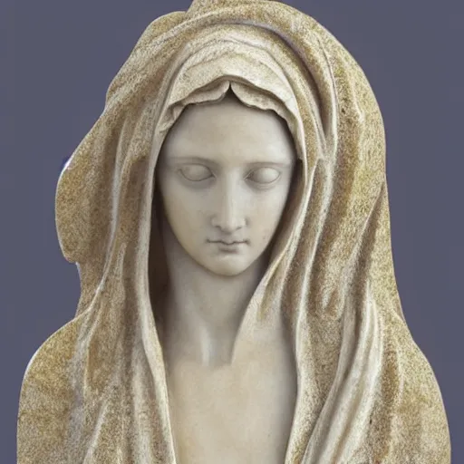 Image similar to a masterpiece marble sculpture of the veiled virgin, subsurface cracks, !face, !female, covered in intricate !detailed golden streaked !!sheer veil , physically based rendering, photo realistic, top light , dark background