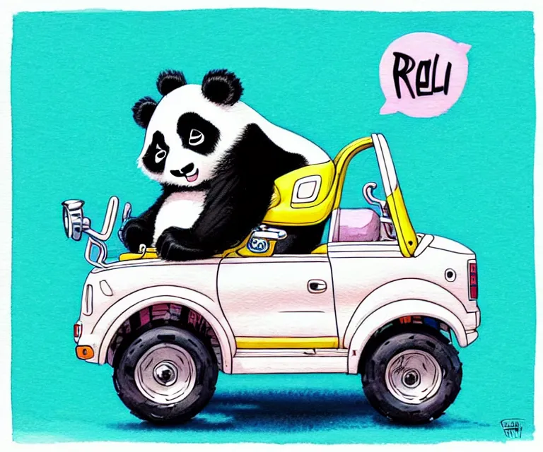 Image similar to cute and funny, panda wearing a helmet riding in a tiny fourwheeler with oversized engine, ratfink style by ed roth, centered award winning watercolor pen illustration, isometric illustration by chihiro iwasaki, edited by range murata, tiny details by artgerm, symmetrically isometrically centered