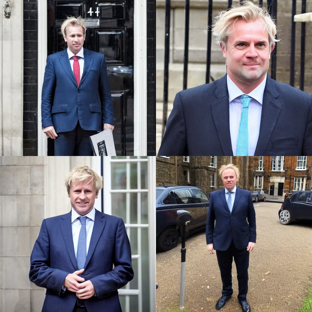 Prompt: a middle aged man with messy blonde hair wearing a suit as the prime minister of the uk