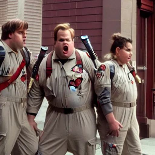 Prompt: Chris Farley as a Ghostbuster in a still from the movie Ghostbusters 8k hdr highly detailed