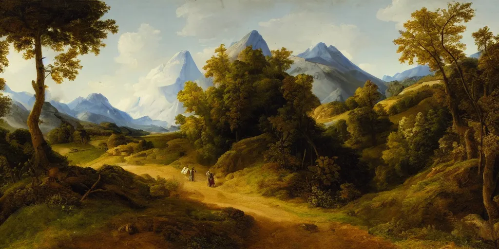 Prompt: a dramatic landscape painting of a mountain with a path leading into fields and forest, by joachim patinir, oil on canvas, highly detailed, hd, 4 k