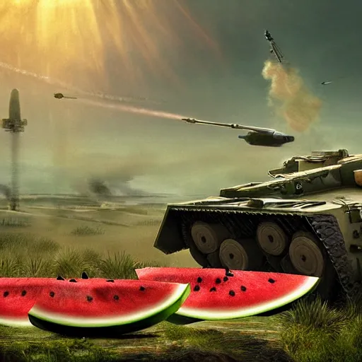 Image similar to Watermelon as military vehicle with epic weapons, launching rockets on a battlefield, russian city as background. Concept digital art in style of Caspar David Friedrich, Less watermelon more military vehicle, epic RTX dimensional dramatic light