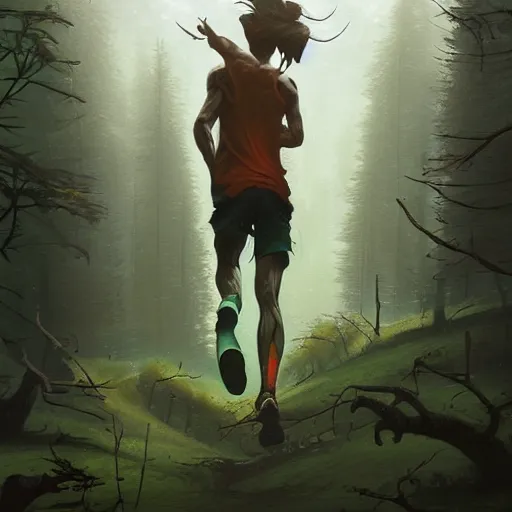 Prompt: a sporty guy runs alone through a forest with tall trees, acid-green sneakers, a photo from the back in perspective, art by Peter Mohrbacher,