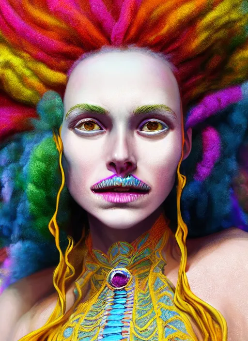 Prompt: an anthropomorphic beautiful smiling goddess female wizard portrait breathing fire wearing colourful robe, dreadlock breed hair, fine art, award winning, intricate, elegant, sharp focus, octane render, hyperrealistic, cinematic lighting, highly detailed, digital painting, 8 k concept art, art by jamie hewlett masterpiece, trending on artstation, 8 k