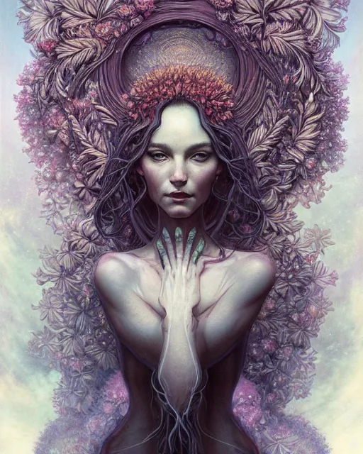 Image similar to centered beautiful detailed front view portrait of a woman with ornate growing around, ornamentation, flowers, elegant, beautifully soft lit, full frame, by wayne barlowe, peter mohrbacher, kelly mckernan,