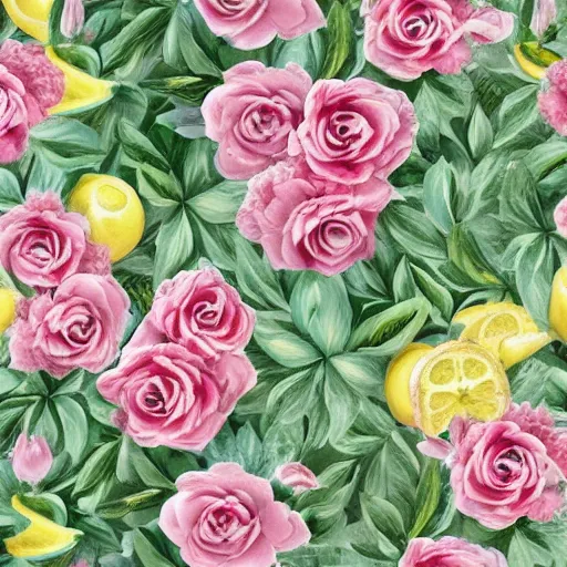 Prompt: a floral pattern in repeat in pastel colors like pinks, lilacs, lemon yellows and sea greens.. Having pretty roses and libernums