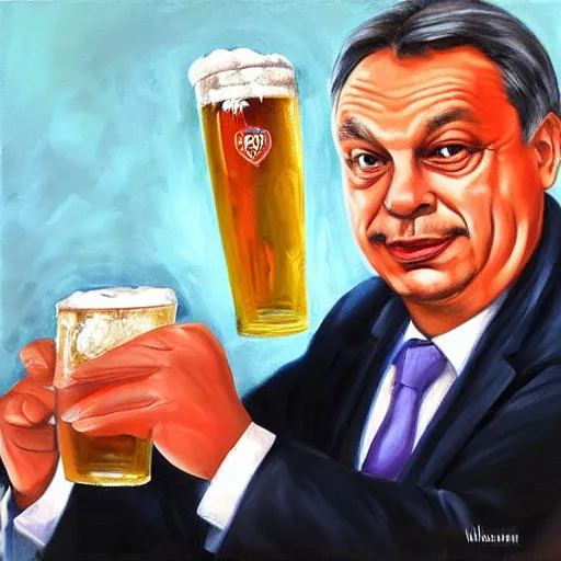 Image similar to viktor orban drinking beer, anatomically correct, oil painting, highly detailed