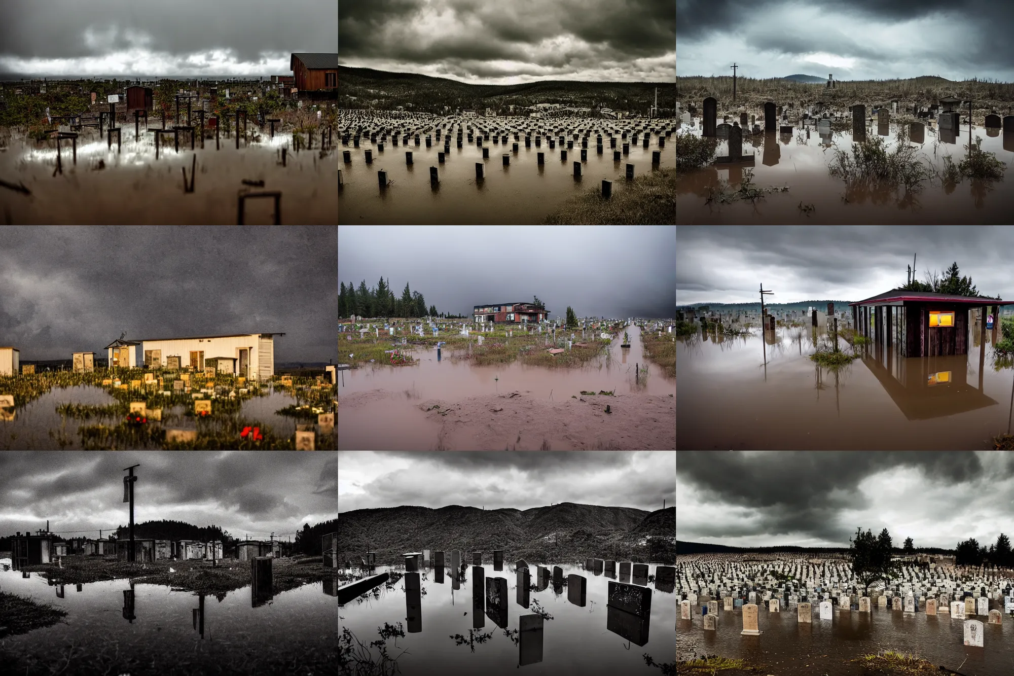 Prompt: photography, night, raining, ominous skies, a motel made of scrap wood, at the top of a mountain, overlooking a flooded desolate wasteland cemetery, depth of field, bokeh