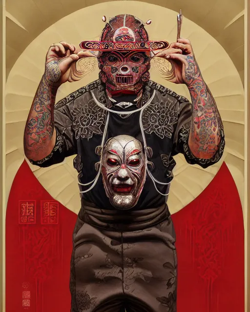 Image similar to portrait of slipknot band, upper half portrait, decorated with chinese opera motifs, asian, bian lian, traditional chinese art, intricate, elegant, highly detailed, symmetry, digital painting, artstation, concept art, smooth, sharp focus, illustration, art by artgerm and greg rutkowski and alphonse mucha, 8 k