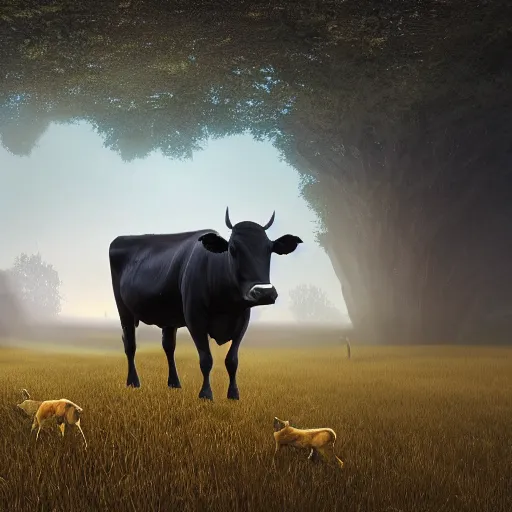 Prompt: a detailed matte landscape painting of a cow standing in a grassy field wearing a witch hat, cow wearing hat!!!! viewed in profile, fog and flying glowing moths in the background, black and blue color scheme with gold highlights, in the style of discworld and harry potter, 8 k, octane render