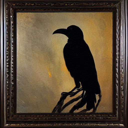 Prompt: An expressionistic oil painting of a raven alone in a large dark room, Gothic, dark, shadows