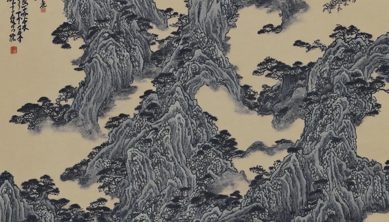 Image similar to traditional chinese ink drawing of a waterfall, mountains, forest, by hokusai, ultra detailed