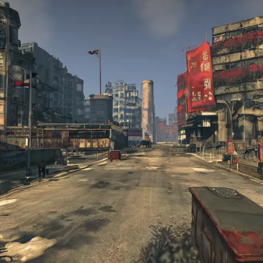 Image similar to Hong Kong in ruins post-nuclear war in Fallout 4, in game screenshot