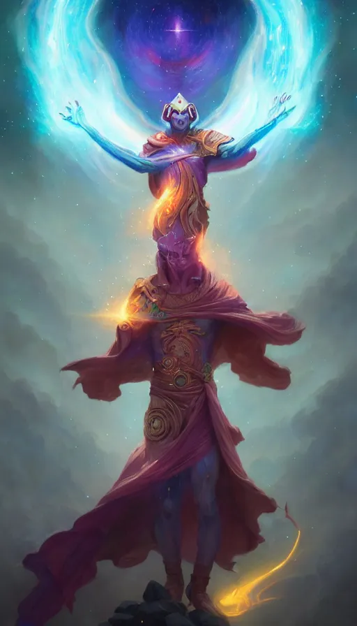 Image similar to cosmic god with a cape, epic scene, colors, holy, full body, galaxy, and, stars, atmosphere, unreal engine, pixar, video game, ethereal, insanely detailed, symmetrical, concept art, peter mohrbacher, charlie bowater, artstation, cinematic, video game, digital painting, artist maena, 4 k