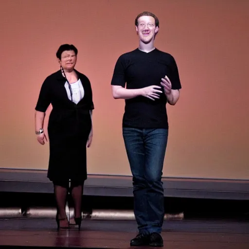 Prompt: mark zuckerberg in drag on stage, he is fulfilling his dreams, spotlight, beautiful, elegant, wide shot, live on stage, extreme detail