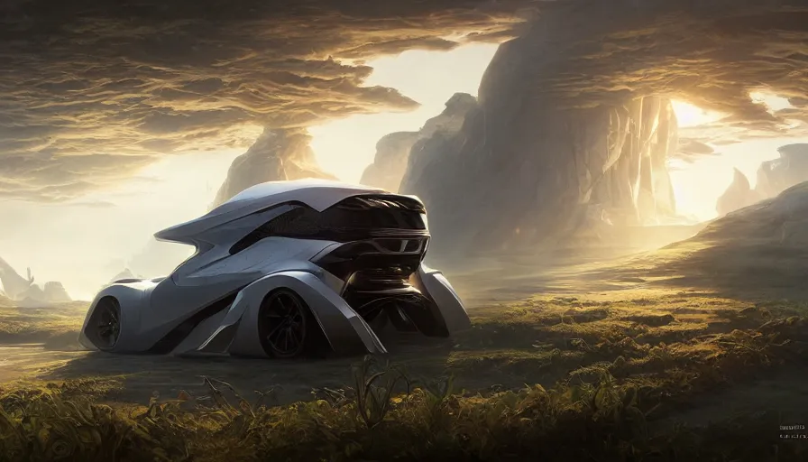 Prompt: a concept suv designed by zaha hadid driving through madagascar, artgerm and greg rutkowski and alphonse mucha, an epic fantasy, volumetric light, detailed, establishing shot, an epic fantasy, trending on art station, octane render, midsommar