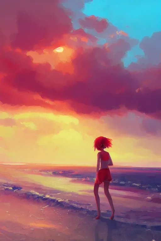 Image similar to a red haired young girl beach surreal, sunrise, dramatic light, impressionist painting, colorful clouds, digital painting, artstation, simon stalenhag