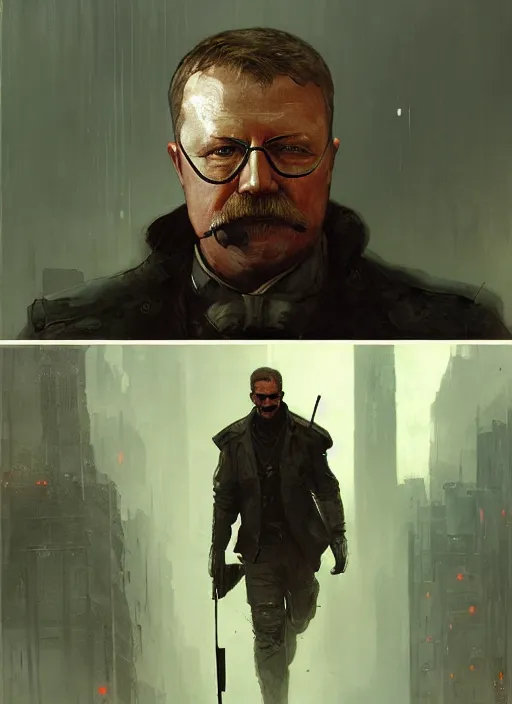 Prompt: teddy roosevelt. cyberpunk assassin in tactical gear. blade runner 2 0 4 9 concept painting. epic painting by craig mullins and alphonso mucha. artstationhq. painting with vivid color. ( rb 6 s, cyberpunk 2 0 7 7, matrix )