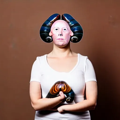 Image similar to modern full body color studio photograph of real snail woman, woman made out of snail