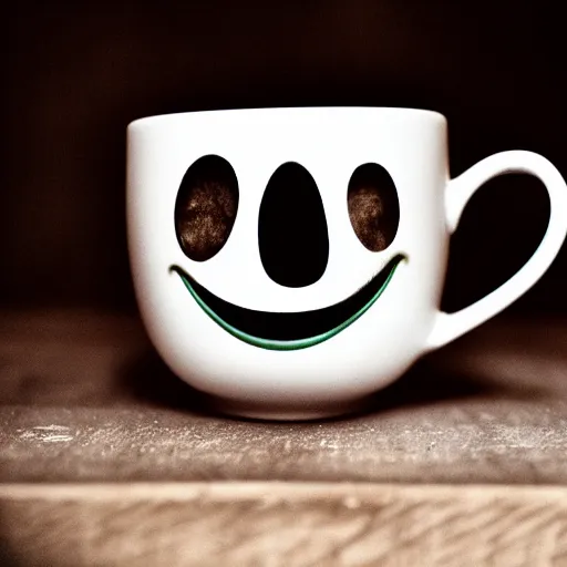 Prompt: a creepy smiling face with open mouth peering out of a teacup, photograph, haunting image