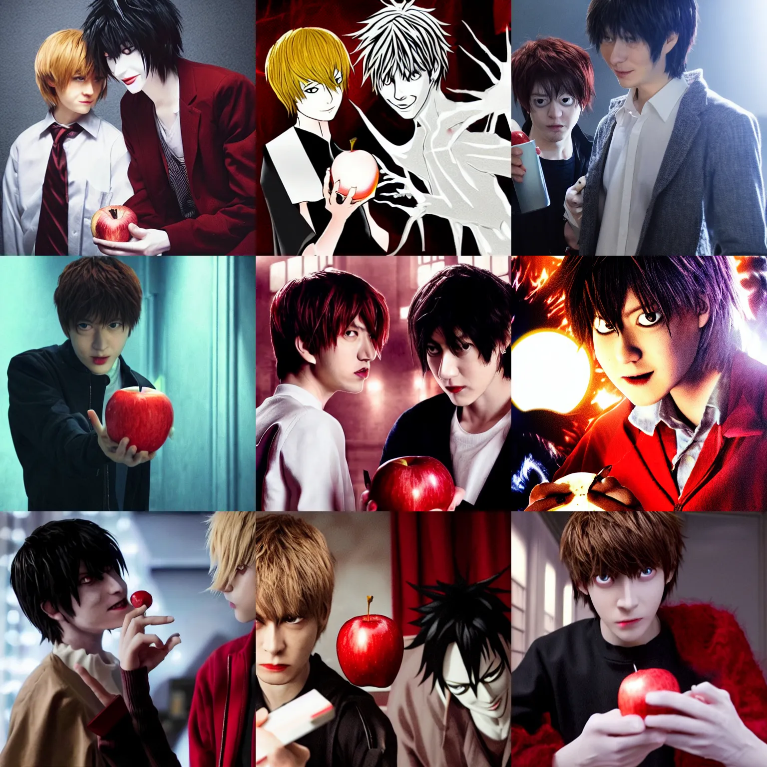 Prompt: real Even Peters as Light Yagami is giving a red apple to Ryuk, Death Note Netflix live adaptation, Netflix series, adversitement, realistic, cinemathic lighting, dramatic