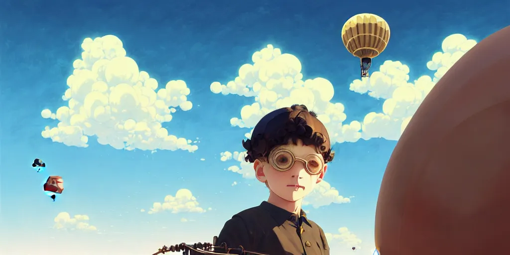 Image similar to 3 d portrait of a boy with light blond curly hair with an aviator helmet and goggles standing at the helm of a multidimensional steampunk hot air balloon by ilya kuvshinov, cloudy sky background lush landscape ln illustration concept art anime key visual trending pixiv by victo ngai fanbox by greg rutkowski makoto shinkai takashi takeuchi studio ghibli